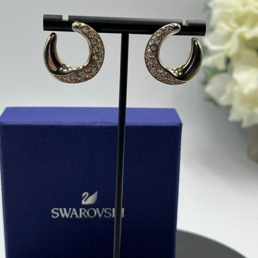 Swarovski Signed Vintage Gold Plated C Shaped Clear Crystal Pierced Earrings